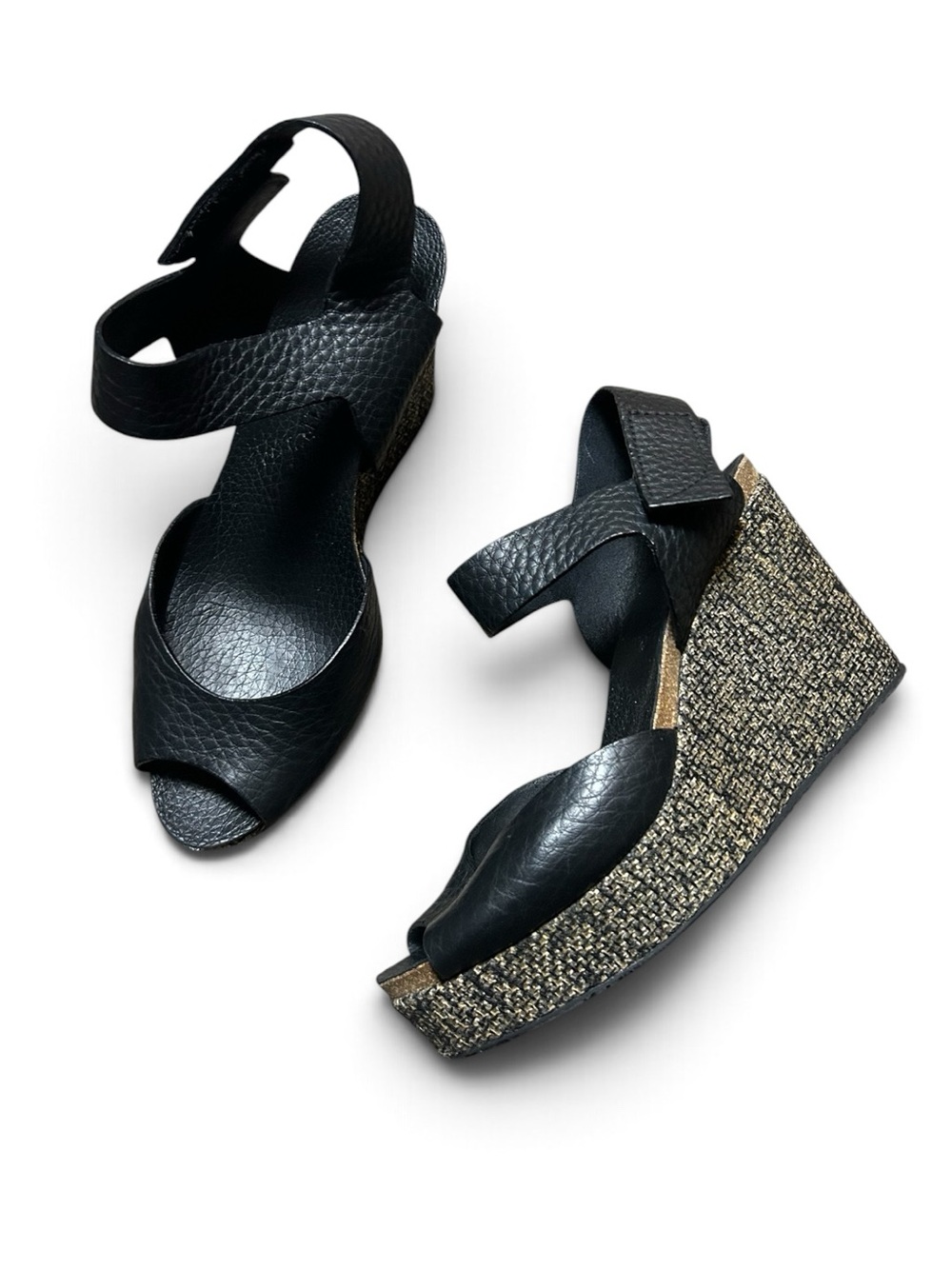 Pedro Garcia Black Leather Wedge Espadrille Sandals Size 39 US 8.5